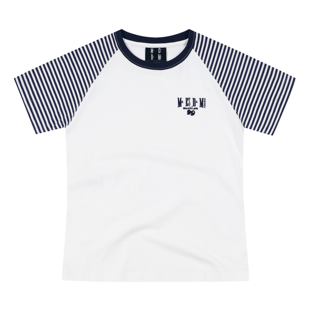 MEDM Basic Stripe Splicing Shoulder Sleeve Casual T-shirt Summer American Retro Logo Embroidered Loose Short Sleeve for Women