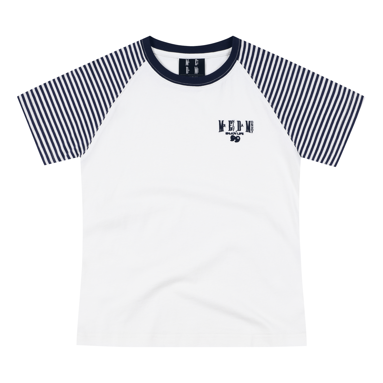 MEDM Basic Stripe Splicing Shoulder Sleeve Casual T-shirt Summer American Retro Logo Embroidered Loose Short Sleeve for Women