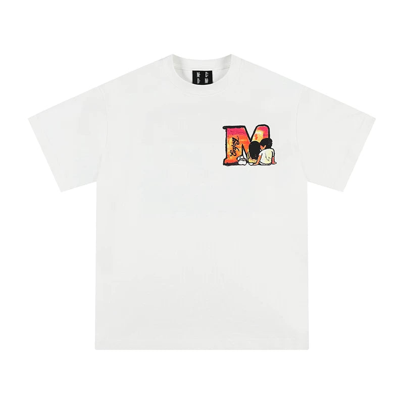 MEDMxNewsus collaboration seaside sunset print short sleeved T-shirt for men and women in summer, loose five quarter sleeves for couples