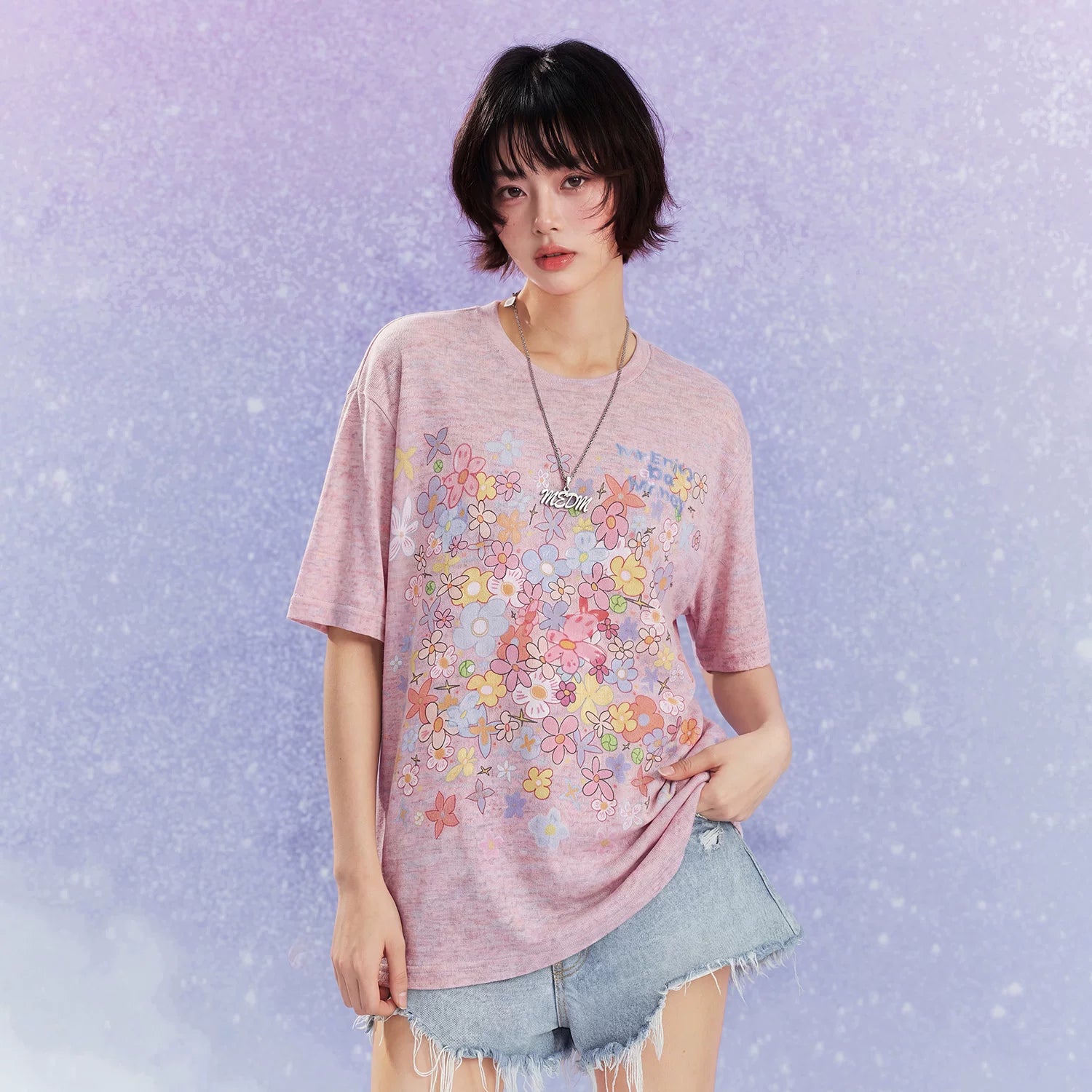 MEDM Dream Illusion Bubble Full Print Flower Sea Dream Sleep Manga Flower Printed Colorful Yarn Casual Short Sleeve Loose Round Neck T-shirt