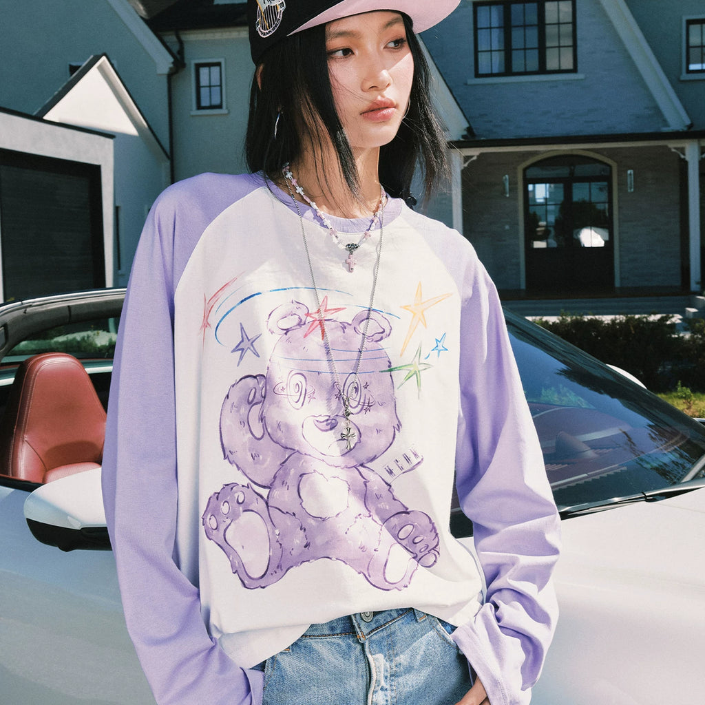 MEDM Dazzling Bear Series Printed Thin Fabric Shoulder Insertion Long Sleeve T-shirt Spring and Autumn Trendy Brand Round Neck Couple's Top