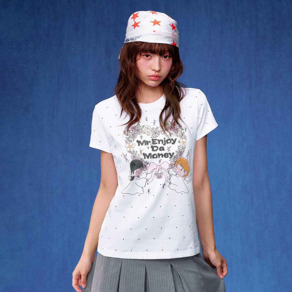 MEDM white floral wreath with little angel print casual round neck short sleeved shirt with full printed polka dot floral loose T-shirt for women, summer style