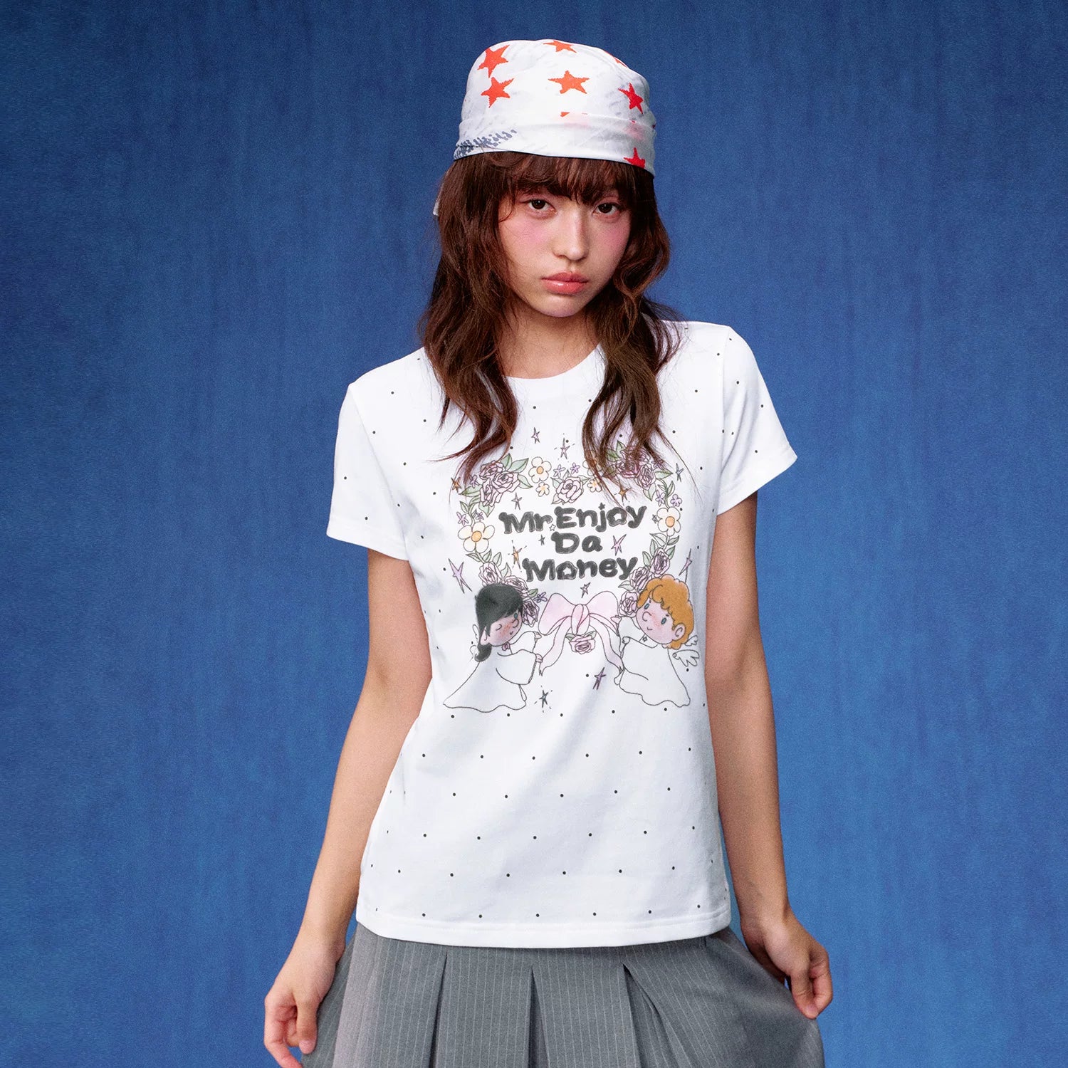MEDM white floral wreath with little angel print casual round neck short sleeved shirt with full printed polka dot floral loose T-shirt for women, summer style