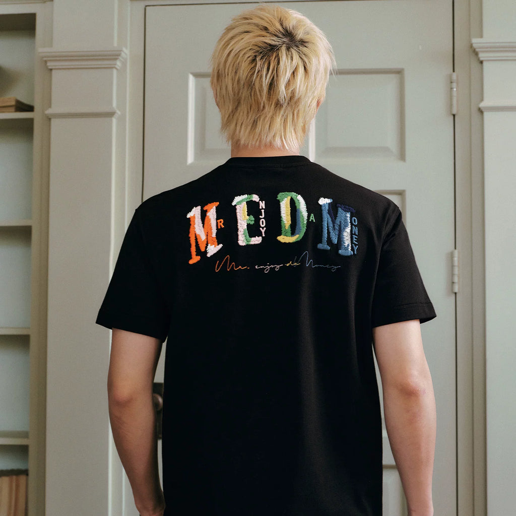 MEDM Woolen Embroidered Logo Casual Round Neck T-shirt American Street Loose Shoulder Men's and Women's Short Sleeves Summer