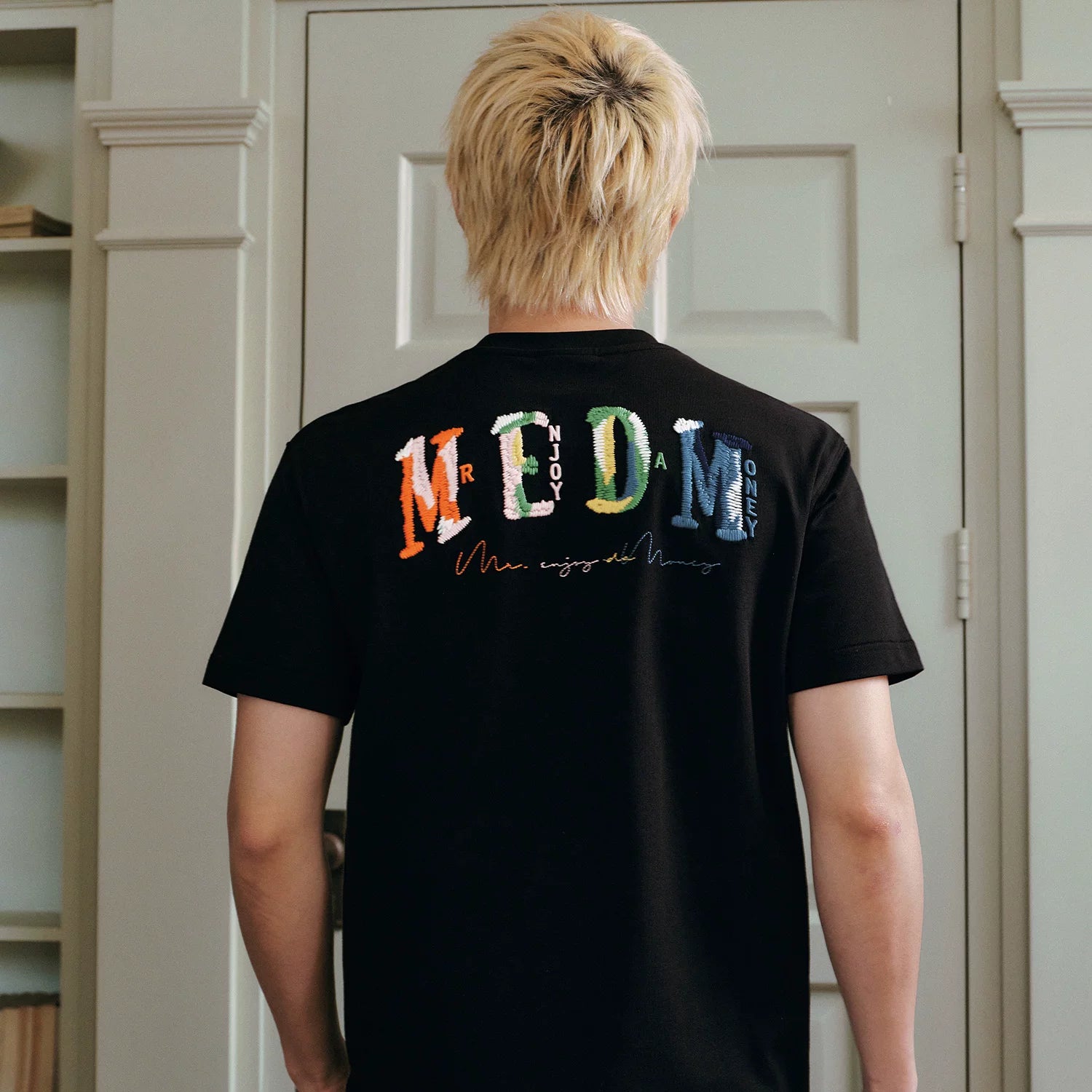 MEDM Woolen Embroidered Logo Casual Round Neck T-shirt American Street Loose Shoulder Men's and Women's Short Sleeves Summer