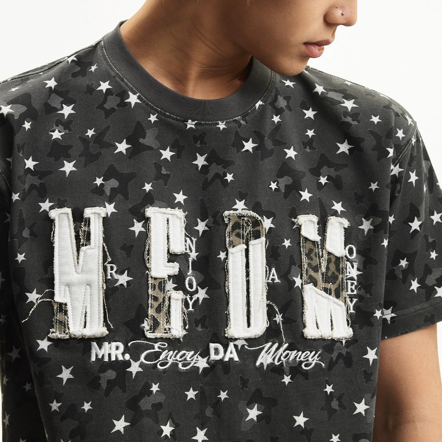 MEDM camouflage leopard print star full print sticker logo casual round neck short sleeved trendy men's and women's loose T-shirt summer