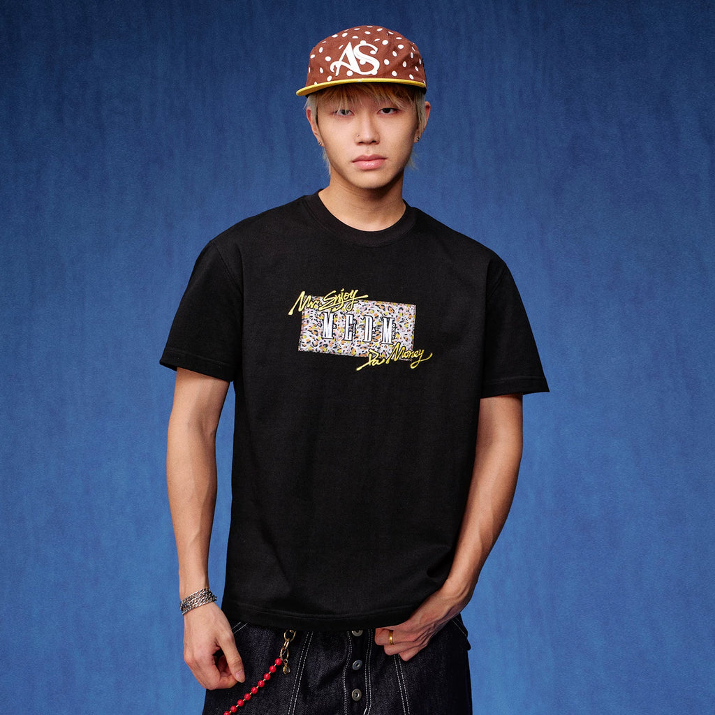 MEDM contrasting leopard print patch embroidered casual round neck T-shirt with star graffiti base pure cotton loose short sleeved men and women