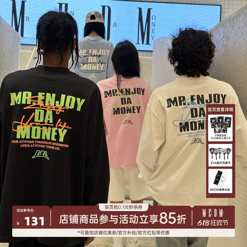 MEDM Trendy Brand Basic Printed Long Sleeve T-shirt for Men and Women, Spring and Autumn American High Street Retro Casual T-shirt