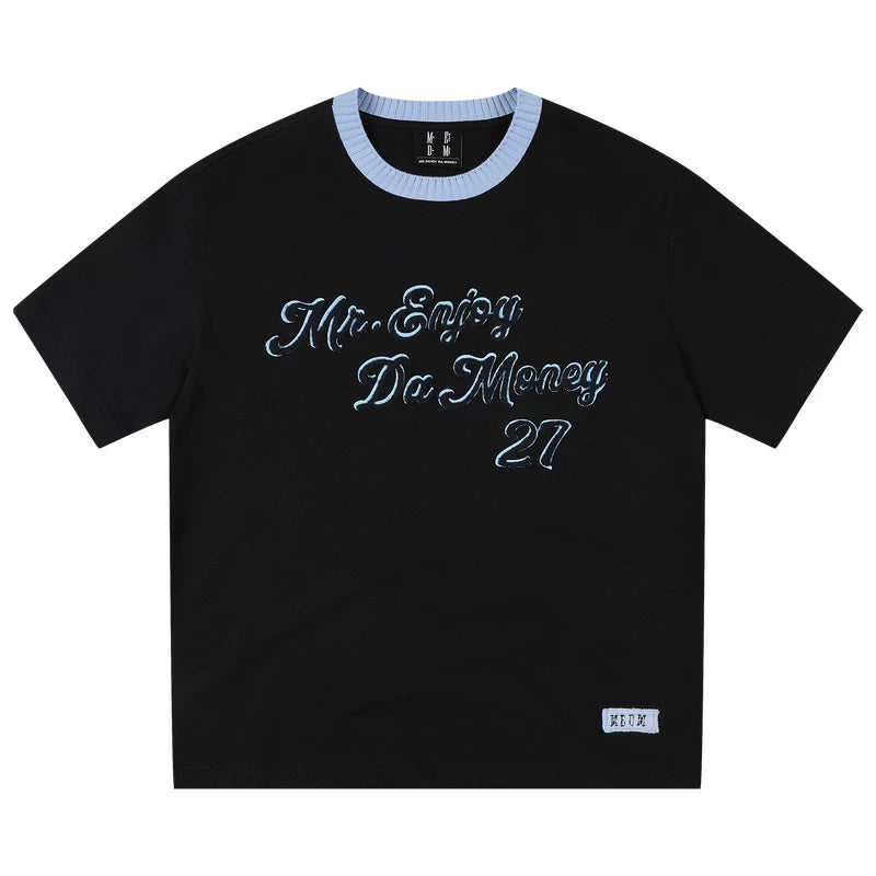 MEDM Color Knitted Letter Plush Round Neck Casual T-shirt Trendy Commuter Men's and Women's Loose Knitted Neck Short Sleeve Summer