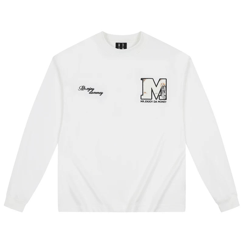 MEDM black and white solid color fire lace round neck loose long sleeved T-shirt new trendy brand versatile couple casual top