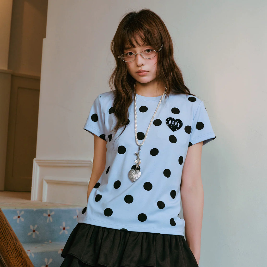 MEDM full print retro polka dot casual round neck short sleeved trendy love toothbrush embroidered logo loose T-shirt for women