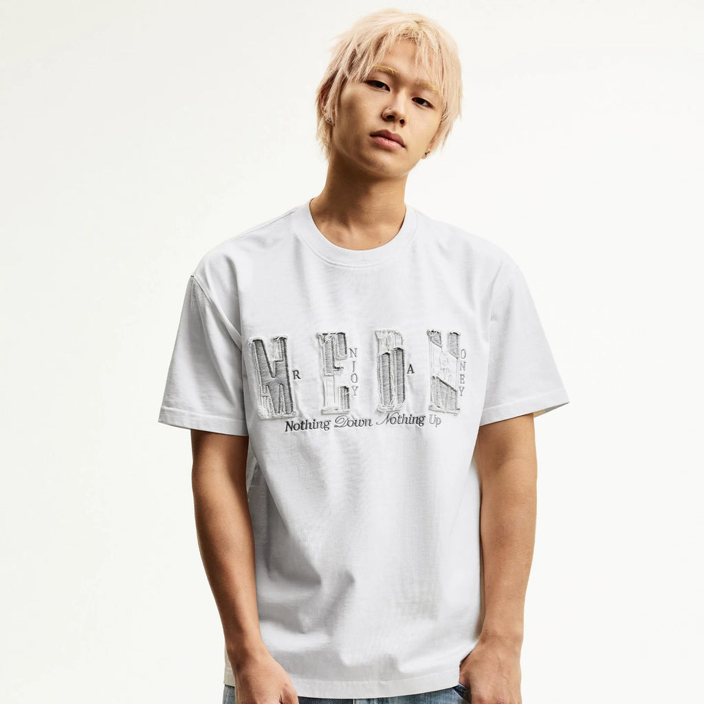 MEDM color blocking patch destroys letter logo embroidery casual round neck short sleeved trendy versatile loose couple T-shirt