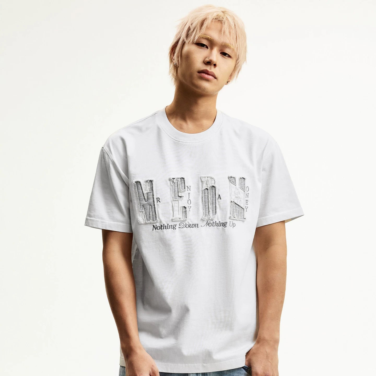 MEDM color blocking patch destroys letter logo embroidery casual round neck short sleeved trendy versatile loose couple T-shirt