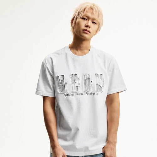 MEDM color blocking patch destroys letter logo embroidery casual round neck short sleeved trendy versatile loose couple T-shirt