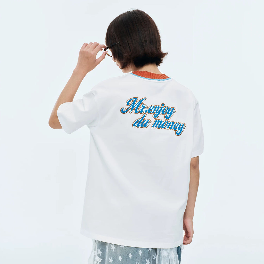 MEDM color blocking patchwork knit collar beach cross embroidery casual short sleeved retro three-dimensional embroidery loose T-shirt for men and women