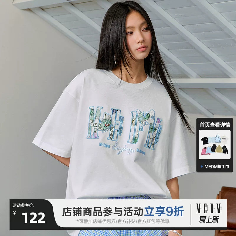 MEDM26SS lace printed fabric butterfly logo short sleeved women's t-shirt 2026 new summer American style t-shirt for men