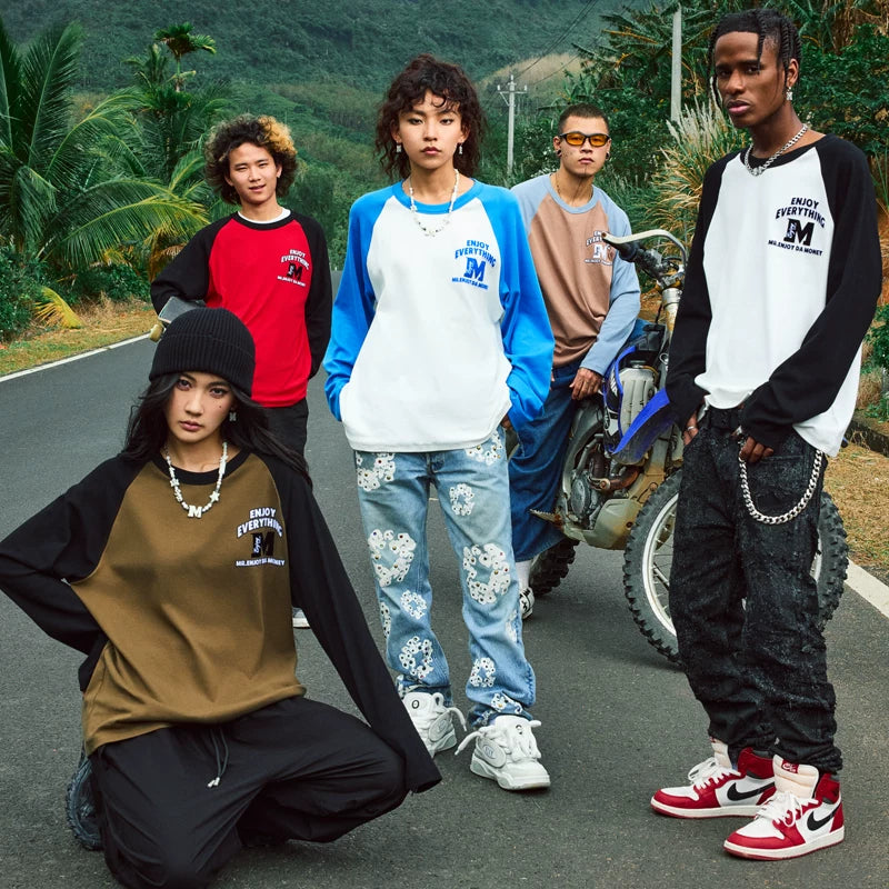 MEDM fashion brand basic color blocking electrostatic flocking long sleeved T-shirt for men's autumn hip-hop raglan sleeve T-shirt base