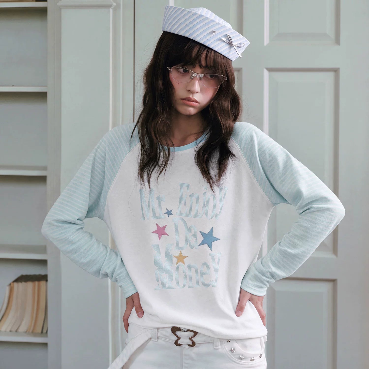 MEDM Star Skin Retro Stripe Casual Round Neck Long Sleeve T-shirt American Street Simple and High End Top Trendy