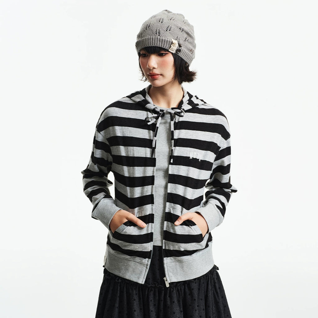 MEDM Knitted Striped Hoodie Embroidered Logo Casual Hoodie Trendy Loose Drawstring Hoodie Coat for Women