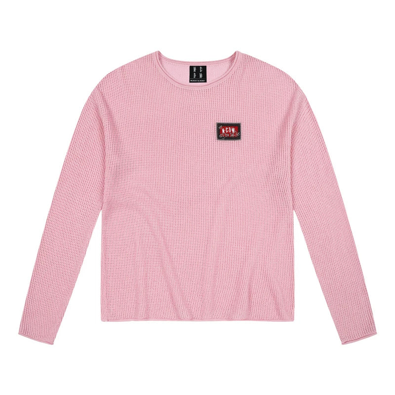 MEDM solid color towel embroidered logo pullover casual round neck mesh shirt 2025 new long sleeved loose knit shirt top for autumn