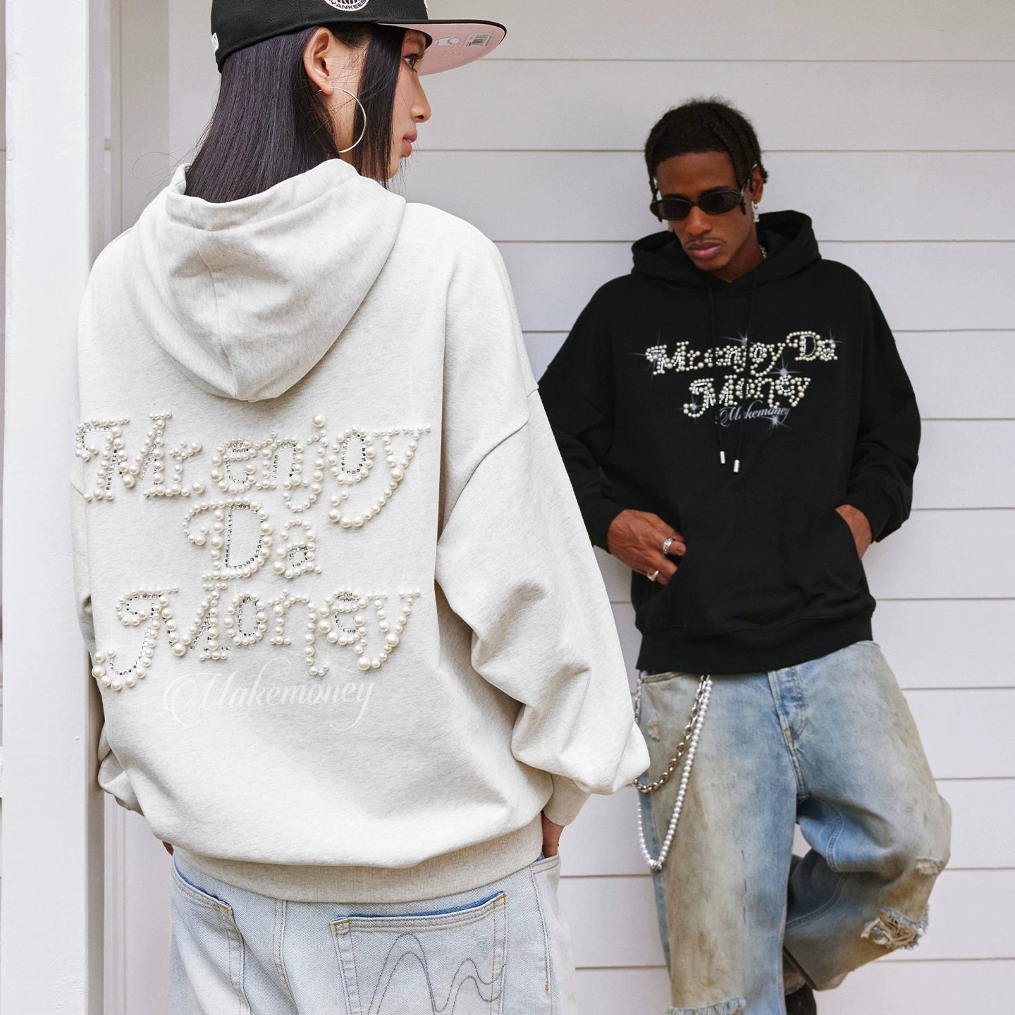 MEDM Nail Bead Flower Font Casual Hoodie Spring and Autumn American Loose Drawstring and Velvet Hoodie Couple Coat