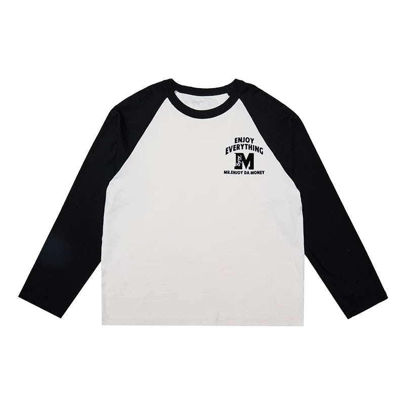 MEDM fashion brand basic color blocking electrostatic flocking long sleeved T-shirt for men's autumn hip-hop raglan sleeve T-shirt base