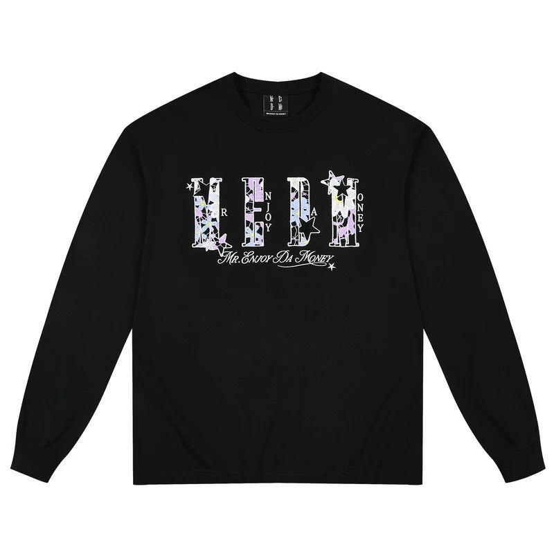 MEDM letter hollowed out flower patch casual long sleeved T-shirt simple and versatile commuting round neck couple top for spring and autumn