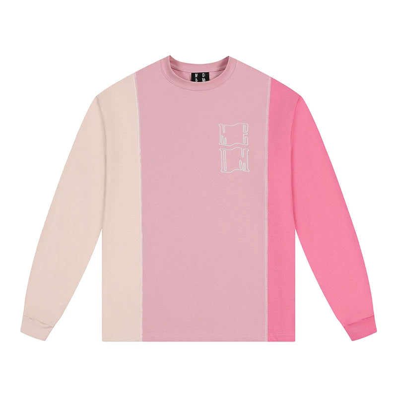 MEDM tricolor stitched letter embroidered round neck long sleeved t-shirt for men and women, ins trendy loose casual base shirt top