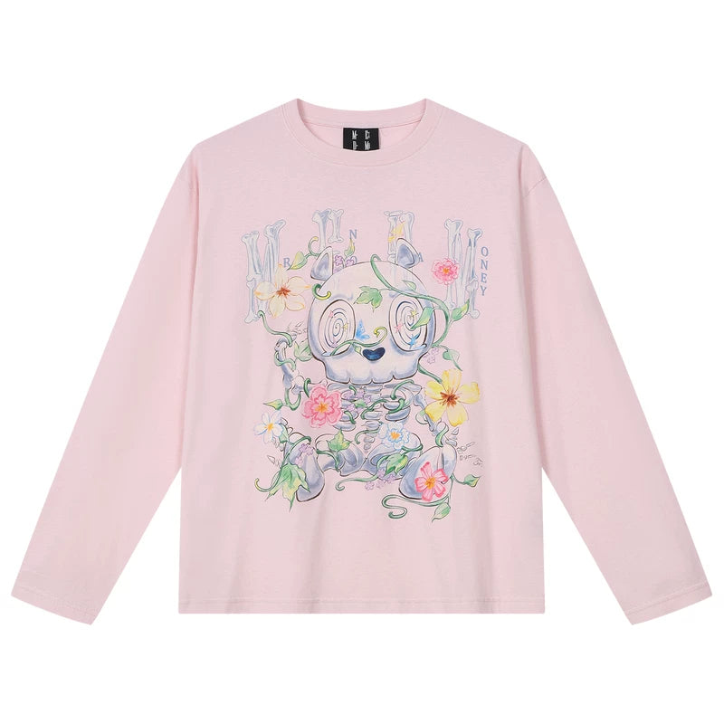 MEDM Skeleton Bear Vine Flower Printed Round Neck Casual Long Sleeve T-shirt Trendy and Comfortable Men's and Women's Top for Spring and Summer