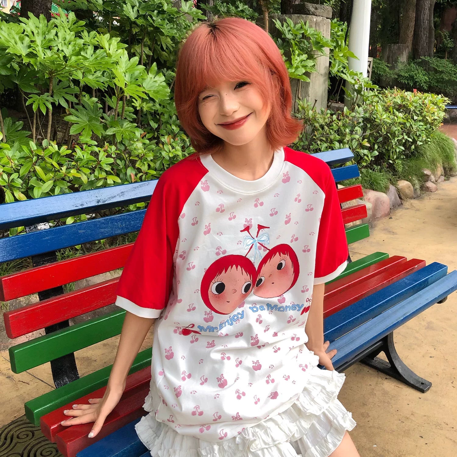 MEDM × YUY Jade Collaboration - Cherry Small Edition Shoulder Insertion Full Print Color Contrasting Casual Round Neck Short Sleeve Trendy Couple T-shirt