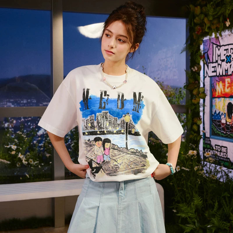MEDMxNewsus collaboration night stroll short sleeved T-shirt for men and women, American high street round neck loose couple T-shirt