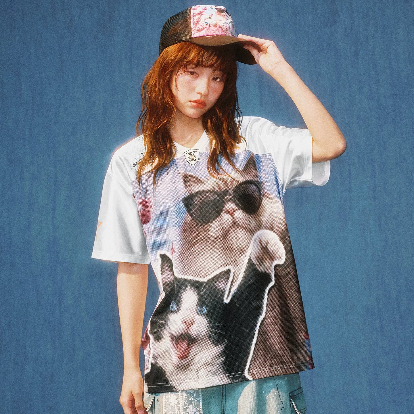 MEDMxYAD collaboration healing cute pet photography print casual short sleeved football suit American retro couple T-shirt summer