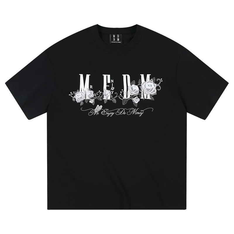 MEDM26SS Ice Rose Embroidered Nail Bead Printed LOGO Short sleeved Men's T-shirt American Retro Summer Top Trendy