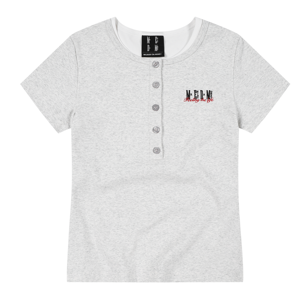 MEDM fake two Henry collar embroidered logo loose casual short sleeved slimming breathable versatile loose T-shirt for women