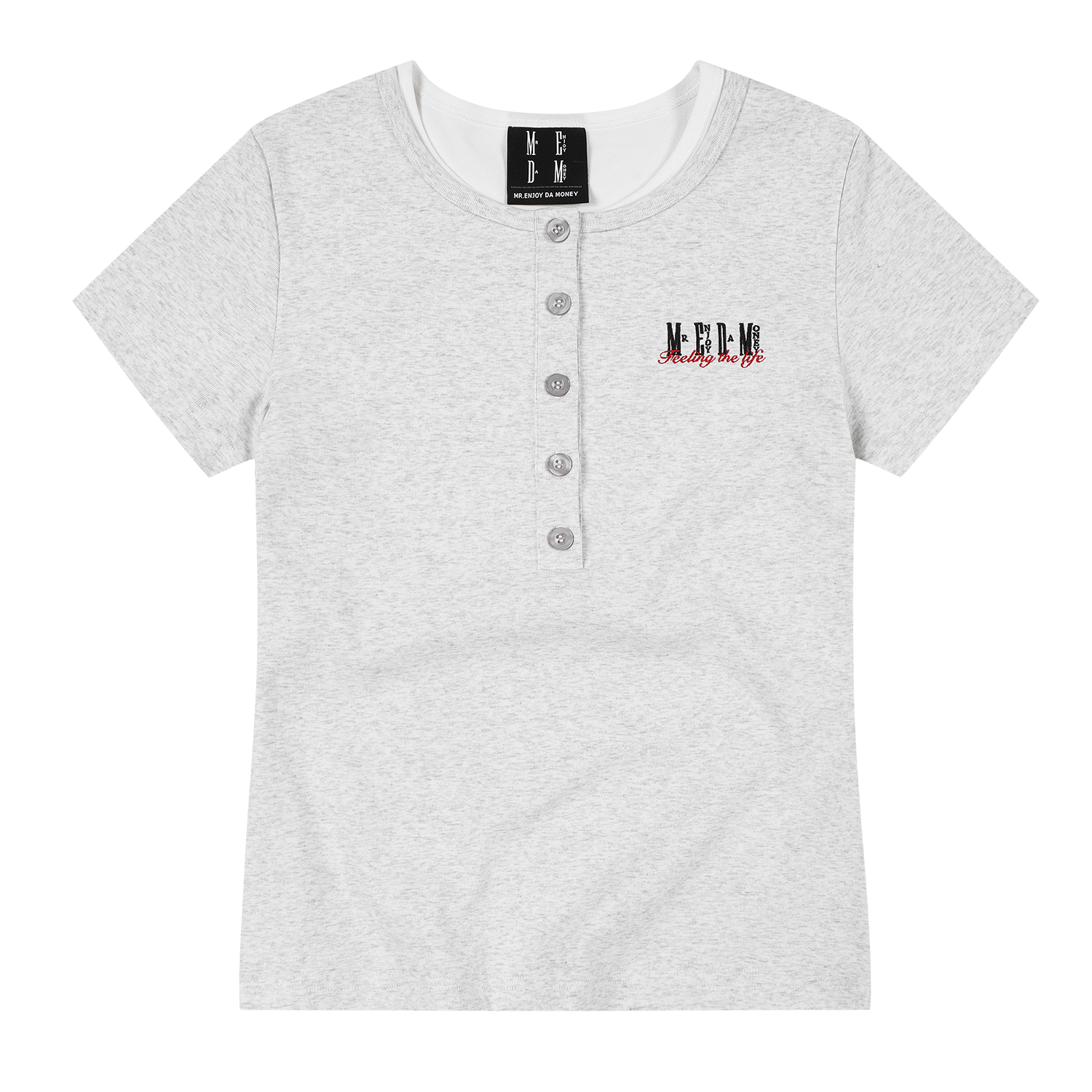 MEDM fake two Henry collar embroidered logo loose casual short sleeved slimming breathable versatile loose T-shirt for women