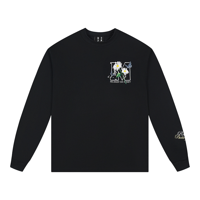 MEDM Origami Flower Embroidery Loose Long Sleeve T-shirt for Men and Women Autumn Round Neck Versatile Casual Couple Round Neck Top