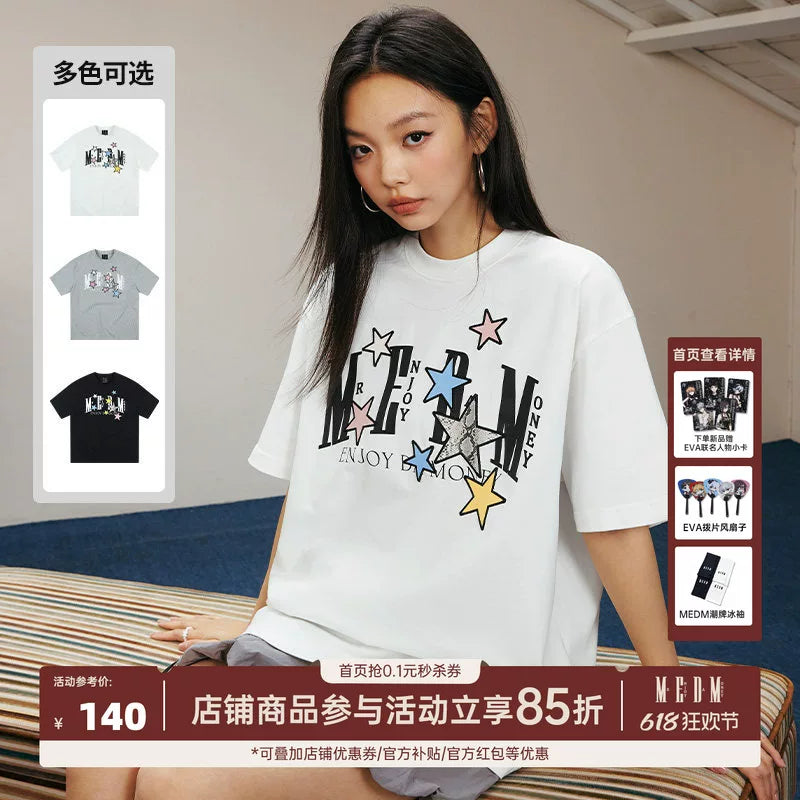 MEDM26SS snake pattern patchwork star short sleeved summer women's American design T-shirt men's casual couple top trendy