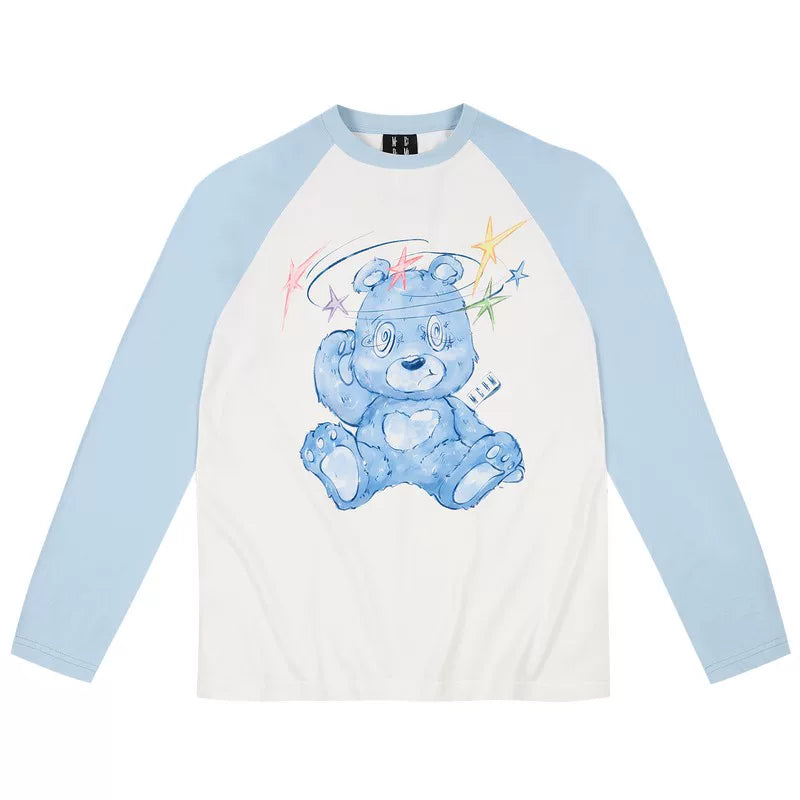 MEDM Dazzling Bear Series Printed Thin Fabric Shoulder Insertion Long Sleeve T-shirt Spring and Autumn Trendy Brand Round Neck Couple's Top