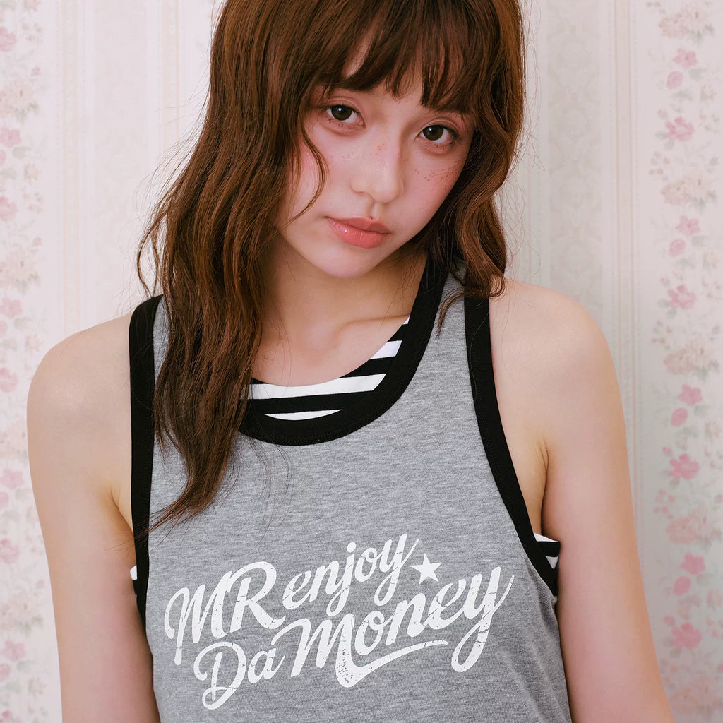 MEDM fake two-piece striped patchwork contrasting casual cross shaped vest with American retro print sleeveless suspender for women