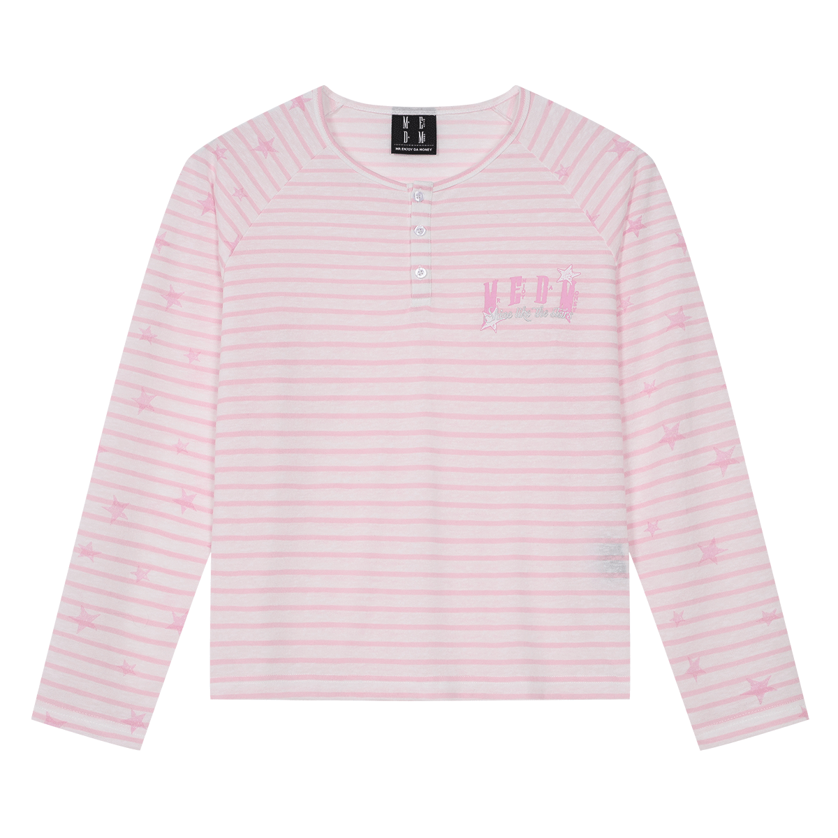 MEDM fine striped star raglan sleeves Henley shirt loose long sleeved T-shirt women's trendy soft girl style casual top
