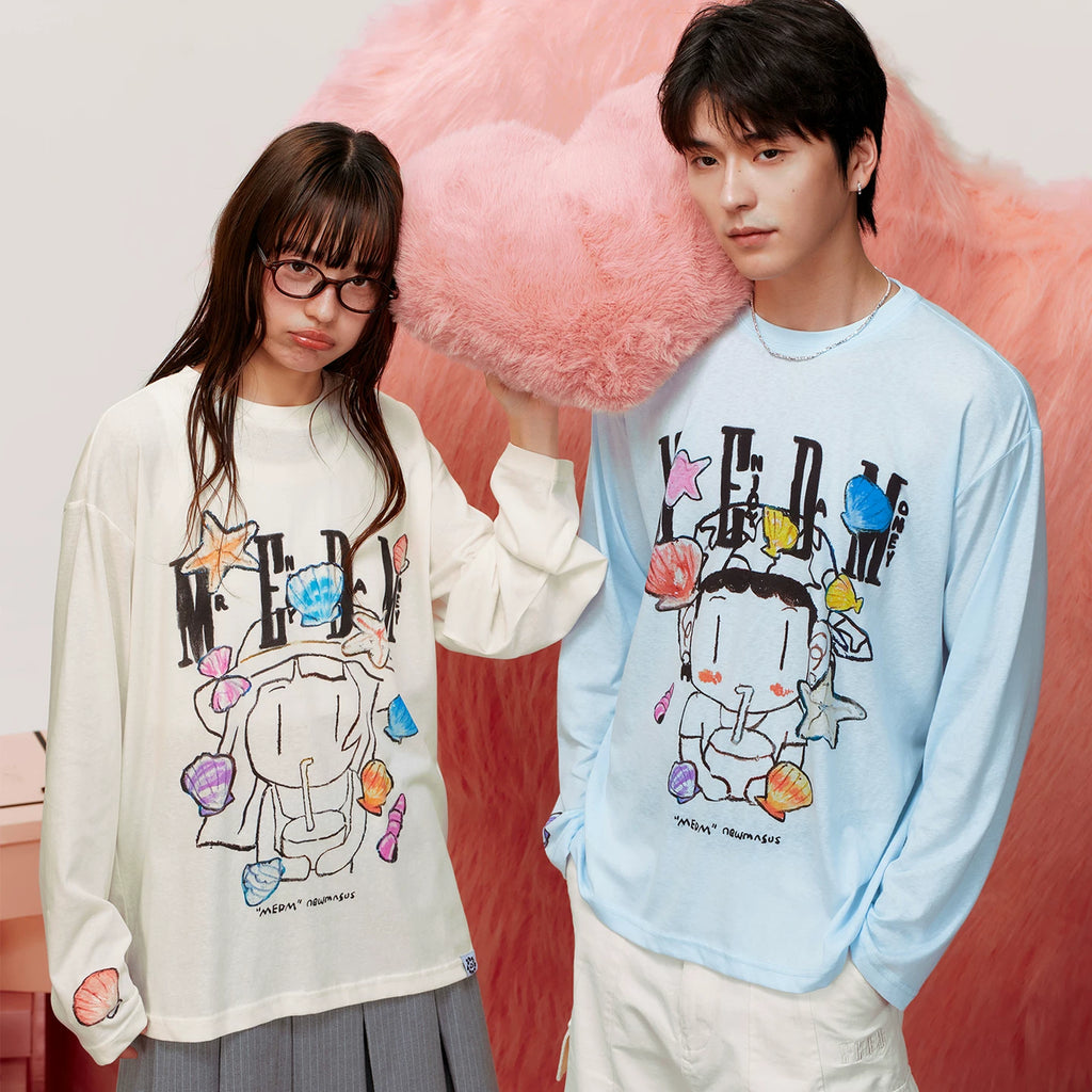 MEDM x NEWMASUS Summer Sea Breeze Round Neck Casual Long Sleeve T-shirt Trendy Brand Loose Couple Top Spring and Autumn