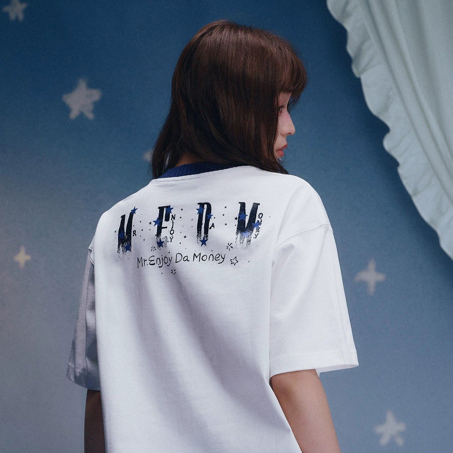 MEDM x Iria mailbox collaboration goodnight starry sky glitter print casual round neck short sleeved cute style T-shirt summer