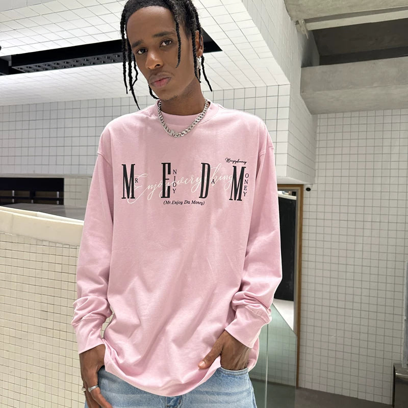 MEDM China-Chic Basic Printing Long Sleeve T-shirt for Men and Women Autumn American Loose Couple Dress Casual T-shirt Backing Shirt