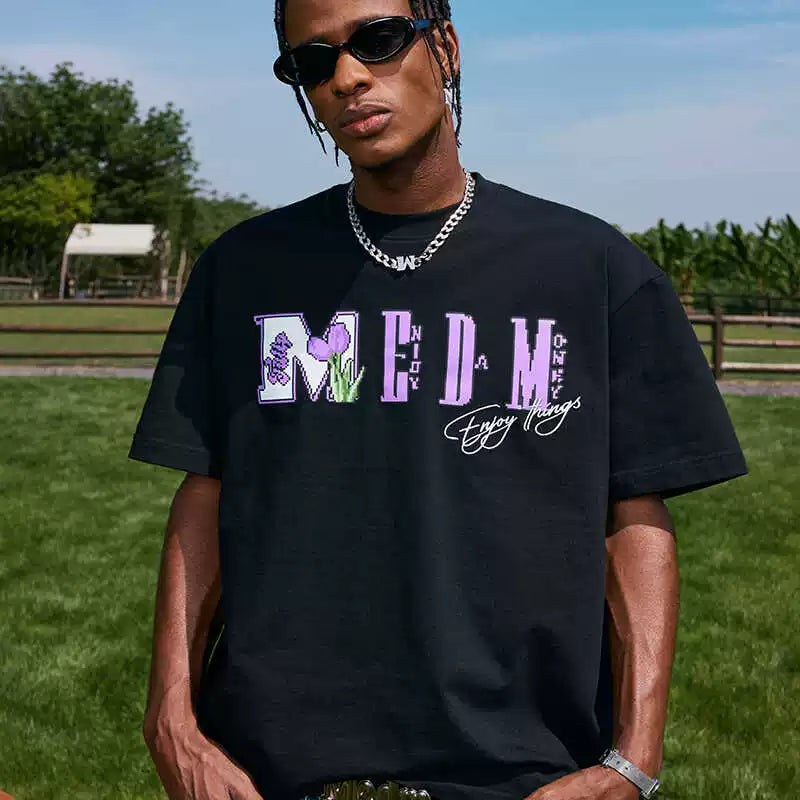 MEDM Mosaic Flower Series Short Sleeve T-shirt for Men and Women, Summer American Loose Round Neck Half Sleeve T-shirt
