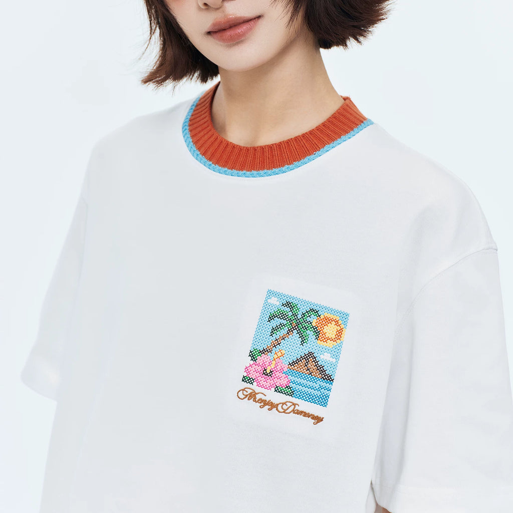 MEDM color blocking patchwork knit collar beach cross embroidery casual short sleeved retro three-dimensional embroidery loose T-shirt for men and women