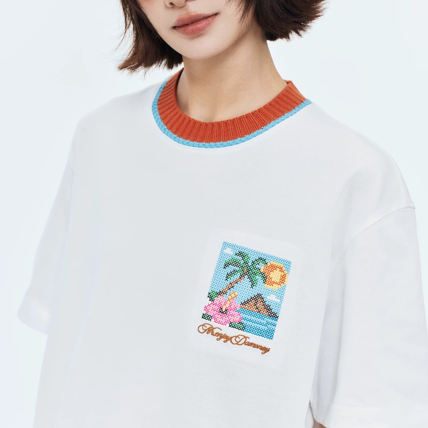 MEDM color blocking patchwork knit collar beach cross embroidery casual short sleeved retro three-dimensional embroidery loose T-shirt for men and women