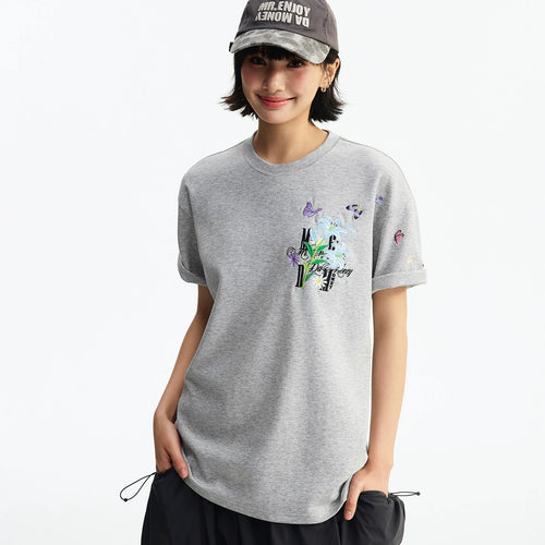 MEDM butterfly wrapped magnolia flower three-dimensional embroidery casual round neck short sleeved trendy simple loose couple T-shirt summer
