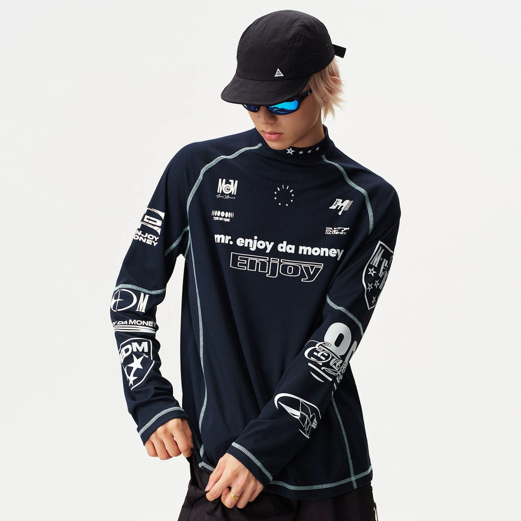 MEDM combination letter logo print contrasting bright line sports long sleeved T-shirt trendy outdoor casual quick drying top