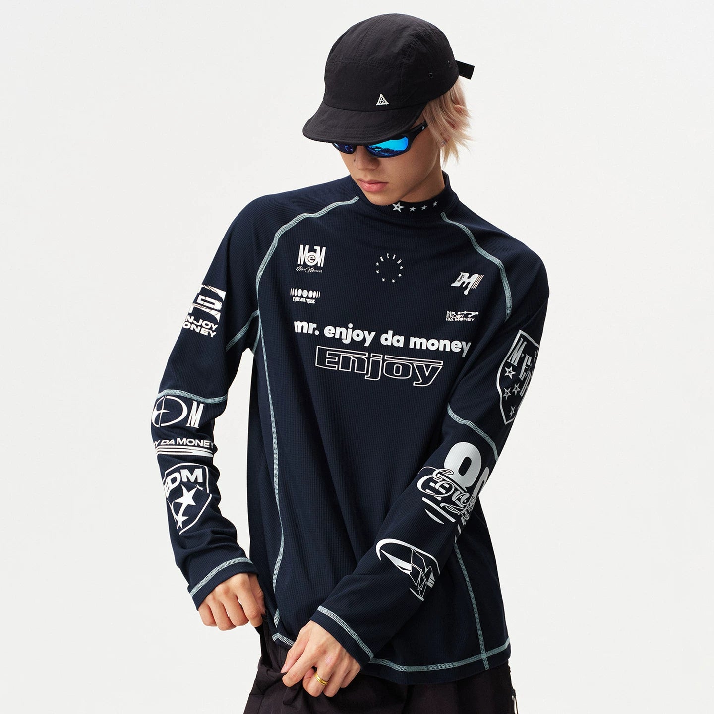 MEDM combination letter logo print contrasting bright line sports long sleeved T-shirt trendy outdoor casual quick drying top