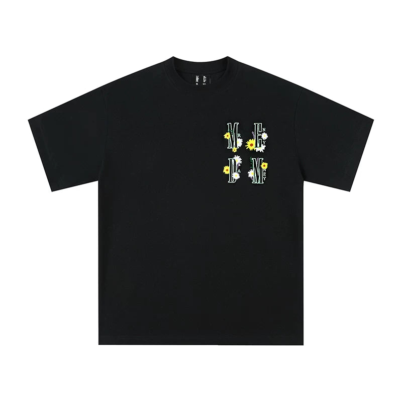 MEDM four character creative logo heavyweight three-dimensional daisy embroidery short sleeved T-shirt men's trendy brand couple half sleeved T-shirt